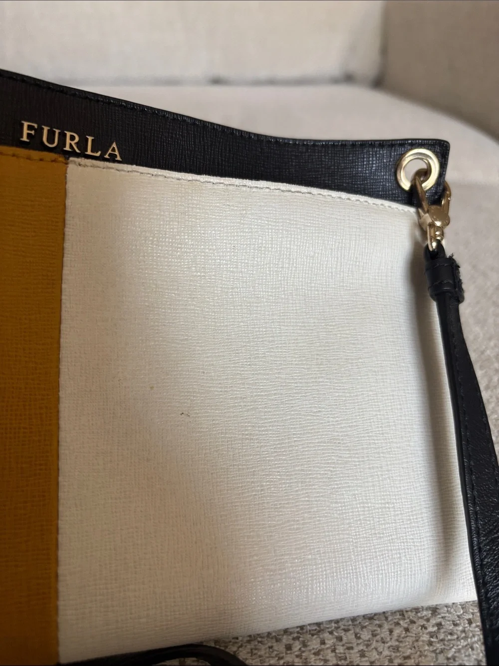Furla Two-Tone Mustard, Black, and White Leather Shoulder Bag